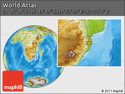 Physical Location Map of the Area around 27° 0' 12" S, 32° 22' 30" E