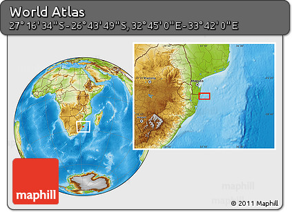 Physical Location Map of the Area around 27° 0' 12" S, 33° 13' 30" E