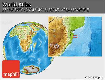 Physical Location Map of the Area around 27° 0' 12" S, 33° 13' 30" E