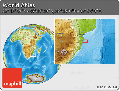 Physical Location Map of the Area around 27° 0' 12" S, 33° 13' 30" E