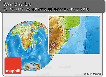 Physical Location Map of the Area around 27° 0' 12" S, 34° 4' 30" E
