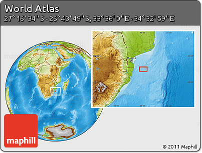 Physical Location Map of the Area around 27° 0' 12" S, 34° 4' 30" E