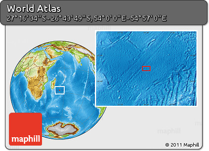 Physical Location Map of the Area around 27° 0' 12" S, 54° 28' 30" E