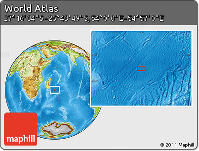 Physical Location Map of the Area around 27° 0' 12" S, 54° 28' 30" E
