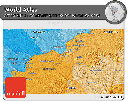 Political 3D Map of the Area around 27° 0' 12" S, 55° 10' 29" W