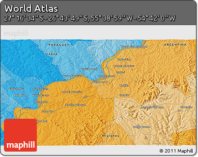 Political 3D Map of the Area around 27° 0' 12" S, 55° 10' 29" W