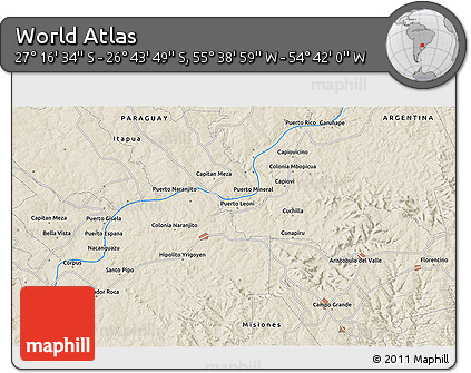 Shaded Relief 3D Map of the Area around 27° 0' 12" S, 55° 10' 29" W