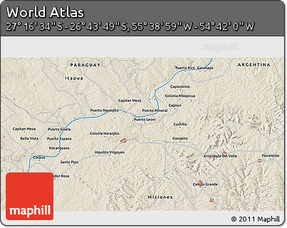Shaded Relief 3D Map of the Area around 27° 0' 12" S, 55° 10' 29" W