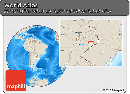 Shaded Relief Location Map of the Area around 27° 0' 12" S, 55° 10' 29" W