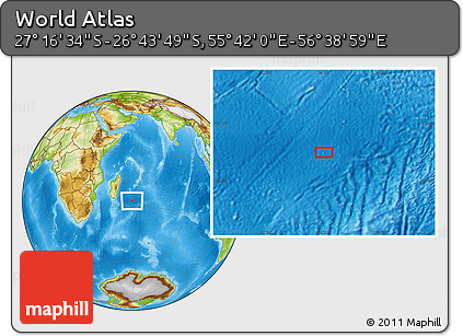 Physical Location Map of the Area around 27° 0' 12" S, 56° 10' 29" E