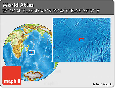 Physical Location Map of the Area around 27° 0' 12" S, 56° 10' 29" E