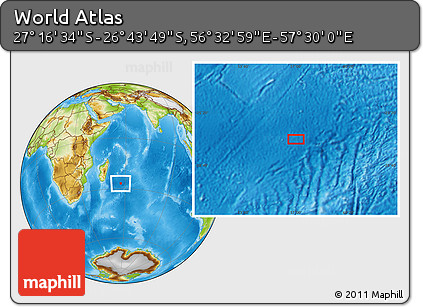 Physical Location Map of the Area around 27° 0' 12" S, 57° 1' 29" E