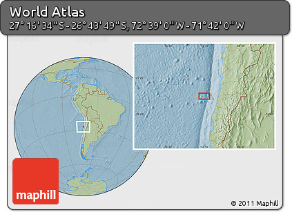 Savanna Style Location Map of the Area around 27° 0' 12" S, 72° 10' 30" W, hill shading