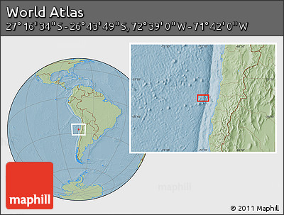 Savanna Style Location Map of the Area around 27° 0' 12" S, 72° 10' 30" W, hill shading