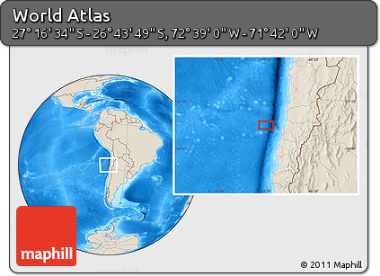 Shaded Relief Location Map of the Area around 27° 0' 12" S, 72° 10' 30" W