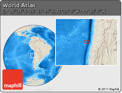 Shaded Relief Location Map of the Area around 27° 0' 12" S, 72° 10' 30" W