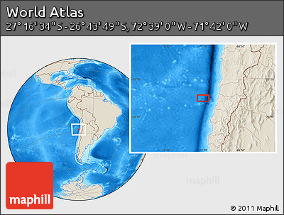 Shaded Relief Location Map of the Area around 27° 0' 12" S, 72° 10' 30" W