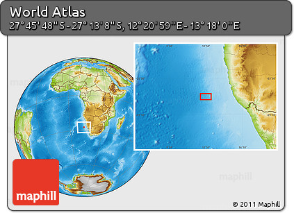 Physical Location Map of the Area around 27° 29' 28" S, 12° 49' 29" E