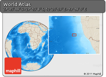 Shaded Relief Location Map of the Area around 27° 29' 28" S, 12° 49' 29" E