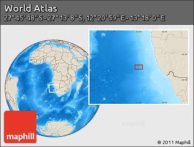 Shaded Relief Location Map of the Area around 27° 29' 28" S, 12° 49' 29" E