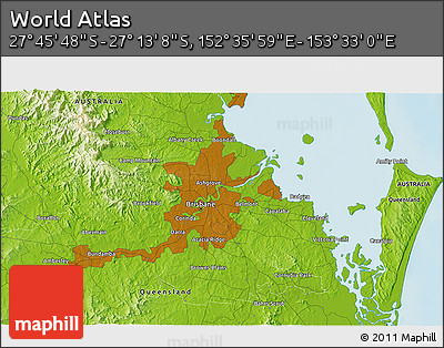 Physical 3D Map of the Area around 27° 29' 28" S, 153° 4' 29" E