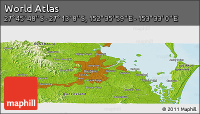 Physical Panoramic Map of the Area around 27° 29' 28" S, 153° 4' 29" E