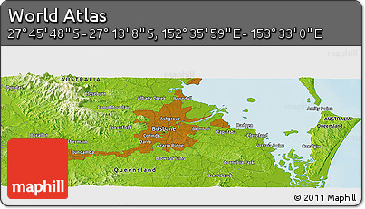 Physical Panoramic Map of the Area around 27° 29' 28" S, 153° 4' 29" E