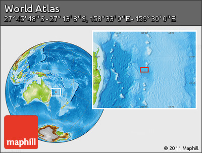 Physical Location Map of the Area around 27° 29' 28" S, 159° 1' 30" E