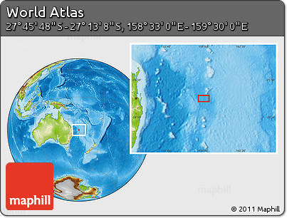 Physical Location Map of the Area around 27° 29' 28" S, 159° 1' 30" E