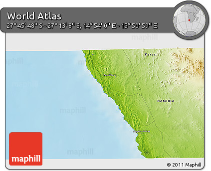 Physical 3D Map of the Area around 27° 29' 28" S, 15° 22' 30" E