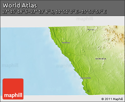 Physical 3D Map of the Area around 27° 29' 28" S, 15° 22' 30" E