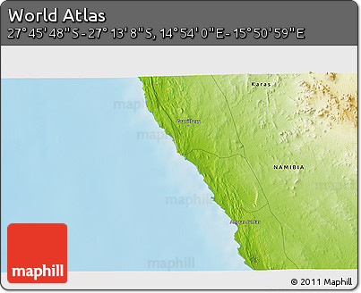Physical 3D Map of the Area around 27° 29' 28" S, 15° 22' 30" E