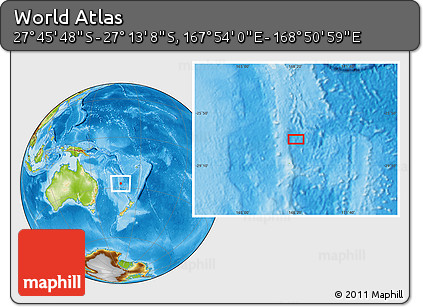 Physical Location Map of the Area around 27° 29' 28" S, 168° 22' 30" E