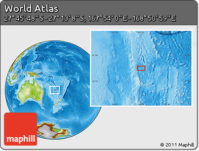 Physical Location Map of the Area around 27° 29' 28" S, 168° 22' 30" E
