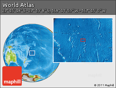 Physical Location Map of the Area around 27° 29' 28" S, 168° 13' 29" W