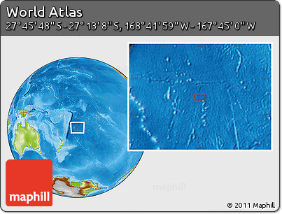 Physical Location Map of the Area around 27° 29' 28" S, 168° 13' 29" W