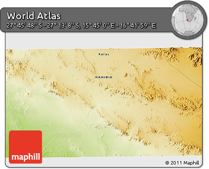 Physical 3D Map of the Area around 27° 29' 28" S, 16° 13' 30" E