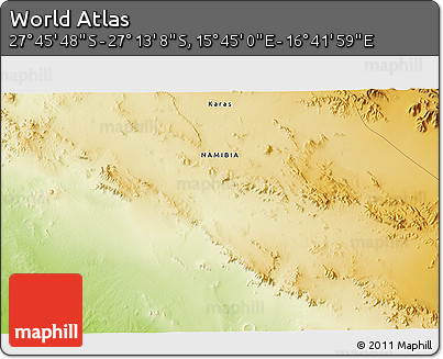 Physical 3D Map of the Area around 27° 29' 28" S, 16° 13' 30" E