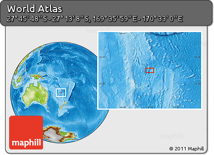 Physical Location Map of the Area around 27° 29' 28" S, 170° 4' 29" E
