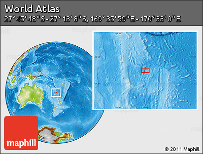 Physical Location Map of the Area around 27° 29' 28" S, 170° 4' 29" E
