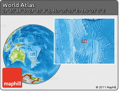 Physical Location Map of the Area around 27° 29' 28" S, 170° 4' 29" E