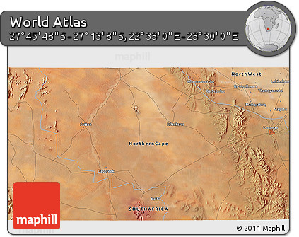 Satellite 3D Map of the Area around 27° 29' 28" S, 23° 1' 29" E