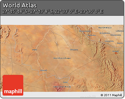 Satellite 3D Map of the Area around 27° 29' 28" S, 23° 1' 29" E