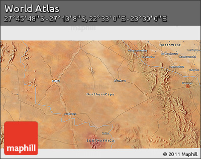 Satellite 3D Map of the Area around 27° 29' 28" S, 23° 1' 29" E
