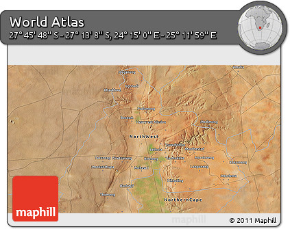 Satellite 3D Map of the Area around 27° 29' 28" S, 24° 43' 30" E