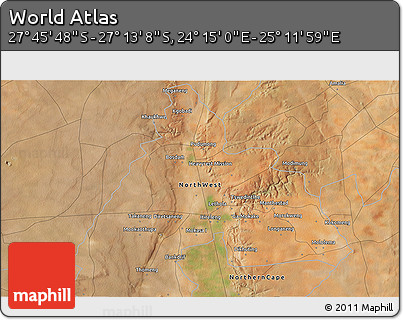 Satellite 3D Map of the Area around 27° 29' 28" S, 24° 43' 30" E