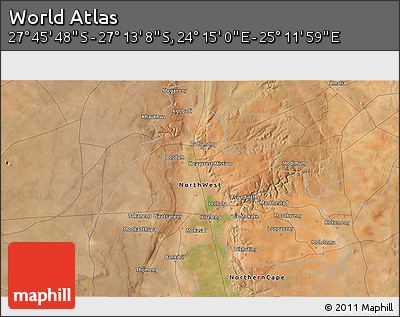 Satellite 3D Map of the Area around 27° 29' 28" S, 24° 43' 30" E