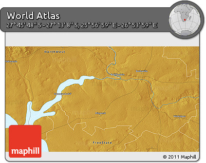 Physical 3D Map of the Area around 27° 29' 28" S, 26° 25' 29" E