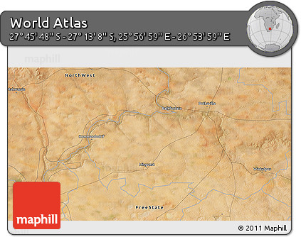 Satellite 3D Map of the Area around 27° 29' 28" S, 26° 25' 29" E