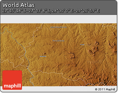 Physical 3D Map of the Area around 27° 29' 28" S, 28° 58' 30" E